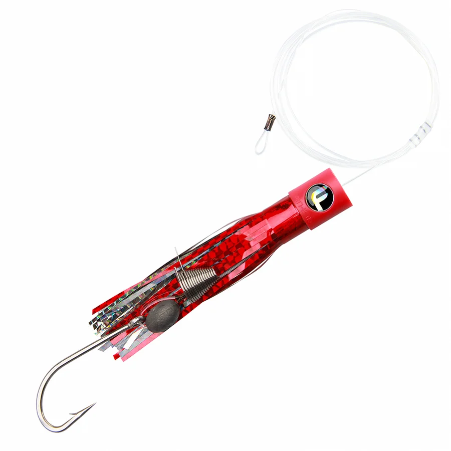 Red and silver fishing lure with a white hook on a white background