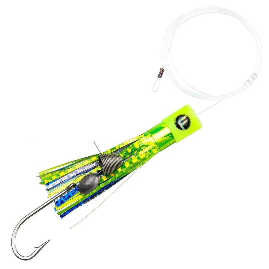 Green and blue lure with a hook on a white background, which is a KVD Spinnerbait with a green, blue
