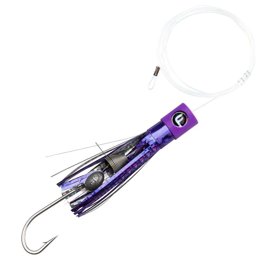 Purple and black fishing lure with a white background