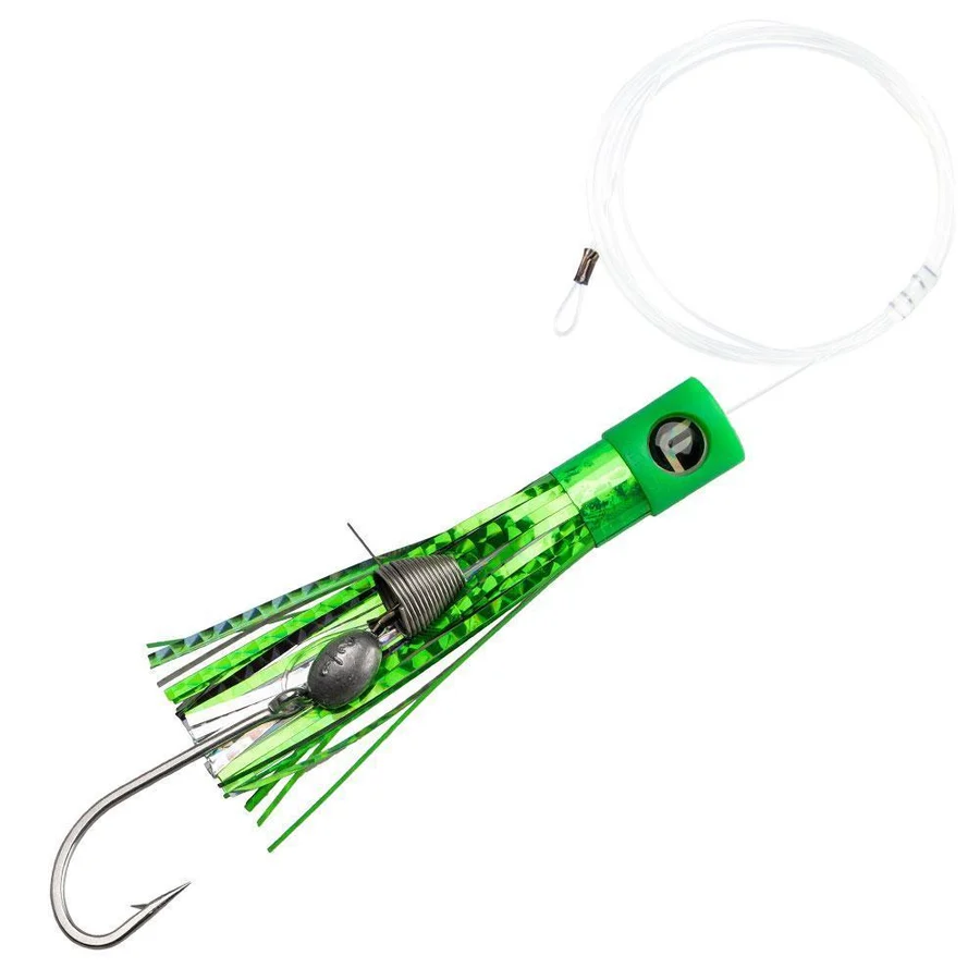 Green and white fishing lure with a hook and a white rope, set against a white background