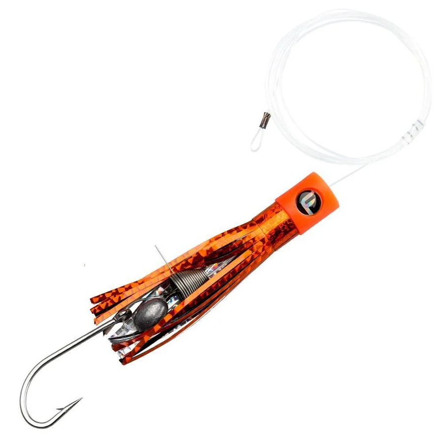 Fishing lure with an orange and black lure attached to a white rope, set against a white background