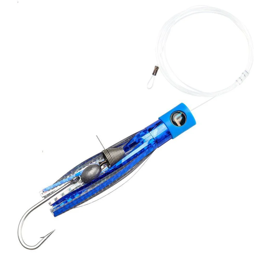 Blue and silver fishing lure with a hook on a white background