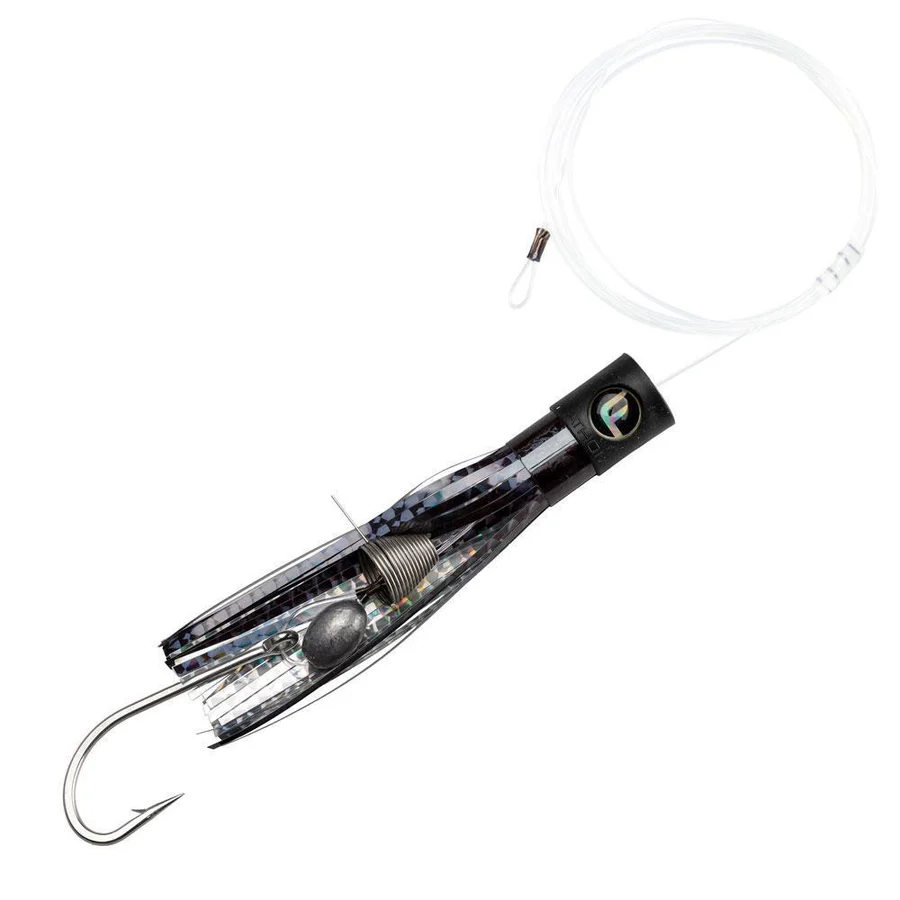 Black and white fishing lure with a hook on a white background