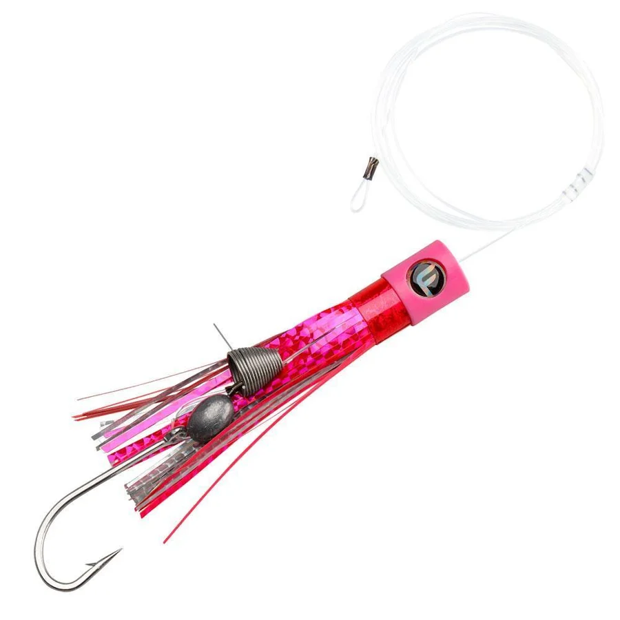 Pink and red lure with a hook on a white background, which is a KVD Spinnerbait with a pink body